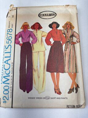 McCalls 5678 Misses Dress Top Skirt Pant Pattern Size 12 1970s Sewing Pattern